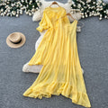 Vacation style yellow ruffles pleated two-piece set female spring autumslimming lookelegantwork clothingsuit skirt classy sense