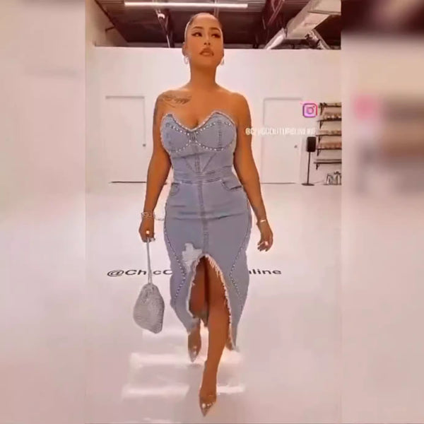 Cross-border new  European and American washed denim dress, hot drilled split fork polished tube top suspender, sexy women's long dress