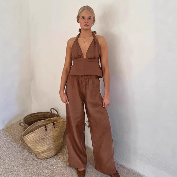 European and American holiday style brown cotton and linen suit women's 2025 autumn new neck sleeveless top wide-leg pants two-piece set