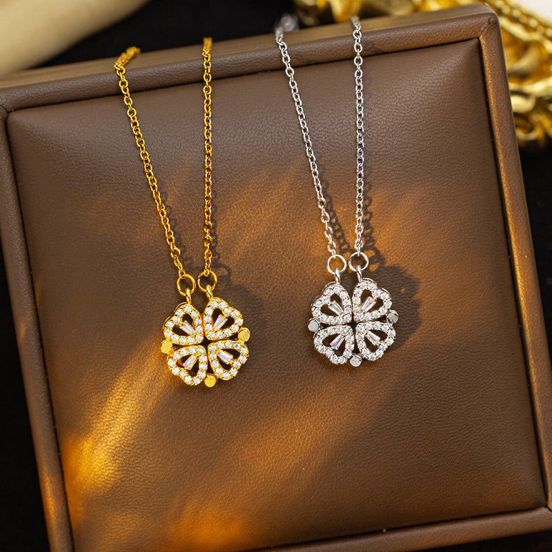 Copper inlaid with zirconium, a popular model with multiple diamonds, heart four-leaf clover necklace for women, niche stylefashionaccessible luxury clavicle chain jewelry