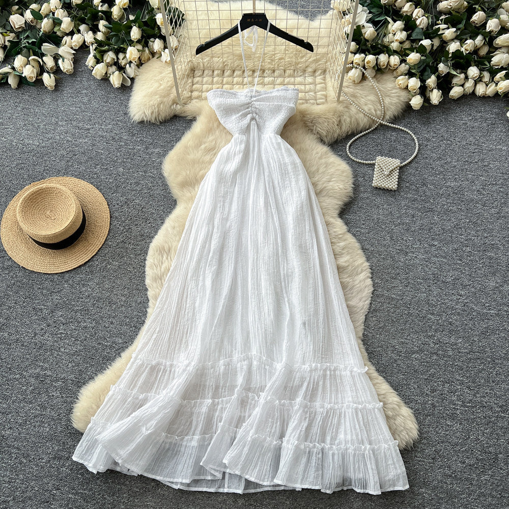 Vacation style haltersense of designdressfemalesummerpinkhigh waista-line long skirtatmosphereelegant skirt