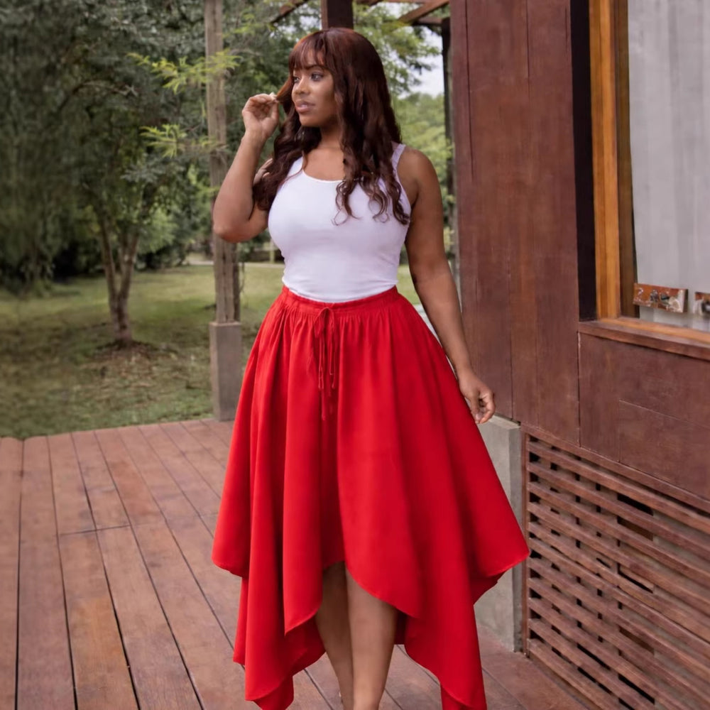 European and american cross-border women's clothing  summer new arrival: african-style plus size high-waisted asymmetrical tie-up midi skirt