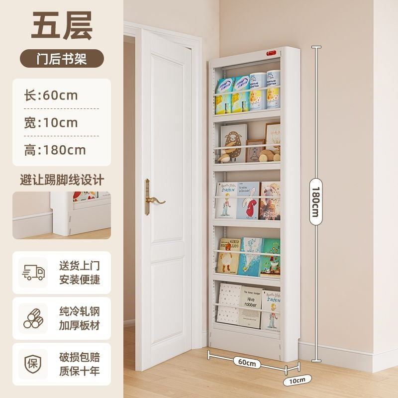 Behind-the-door bookshelf, ultra-slim over-the-door organizer, steel kids' storage rack for picture books, home wall bookshelf