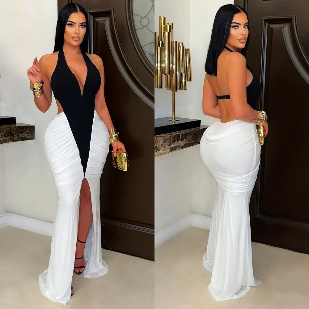 C7573 cross-border   fashion women's sexy v-neck sleeveless slit backless dress