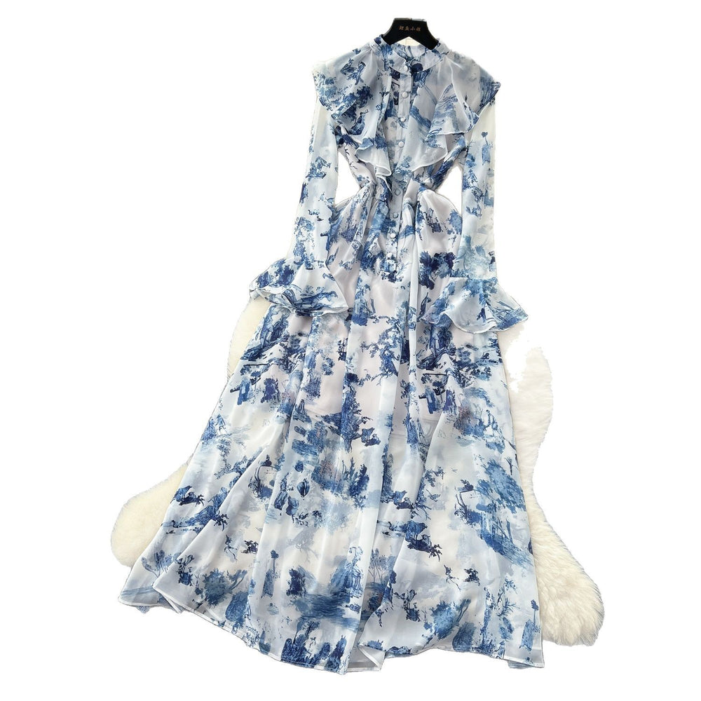 French chic elegant women's dress - designer ruffle trim, patchwork waist, slim fit, printed chiffon maxi dress