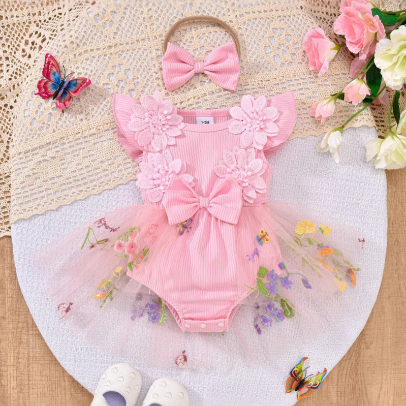 Baby girl party outfit cute ribbed knit & mesh romper with headband set