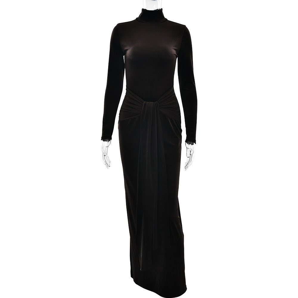 European and American  autumn and winter sexy women's dress, semi-turtleneck long-sleeved solid color long dress with straps and pleated dress