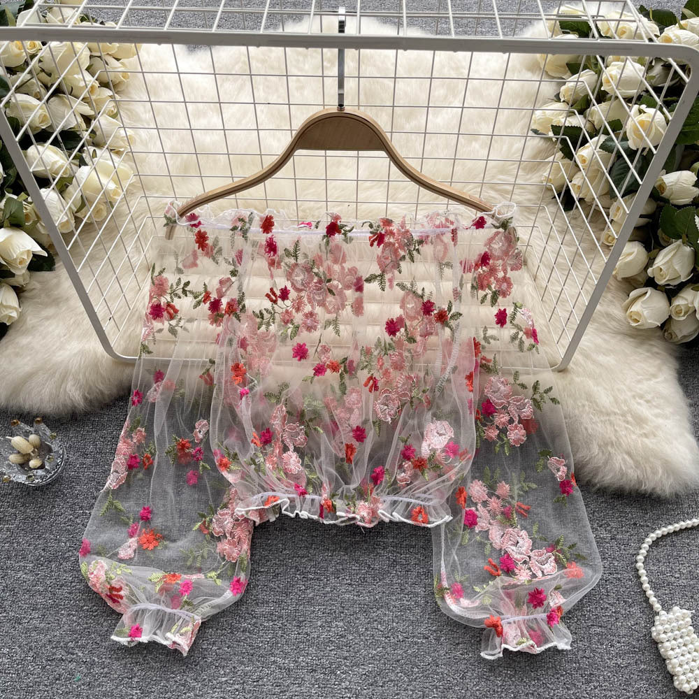 One shoulder mesh embroider see-through shirt for women summerloose outer wear puff sleeve short blouse long sleeves lace shirt