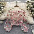 One shoulder mesh embroider see-through shirt for women summerloose outer wear puff sleeve short blouse long sleeves lace shirt