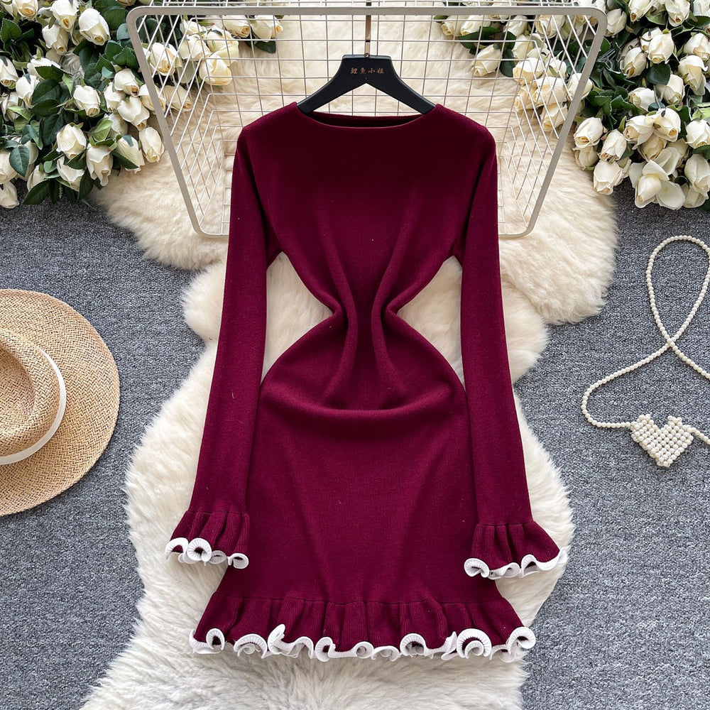 Premium inner layer autumn/winter sweater dress -  new sexy slimming ruffle long sleeve knitted dress