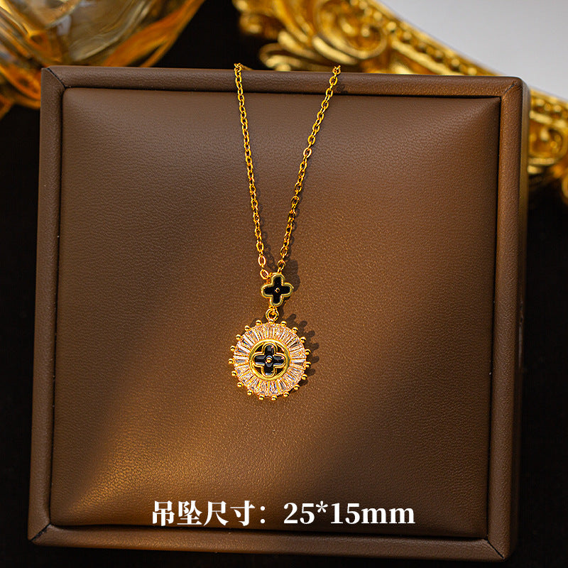 Copper inlaid zirconium four-leaf clover necklace for women, titanium steel real gold plating popularinsfashion flower exquisite sweater chain jewelry