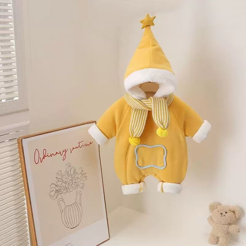 Fall and wintercutefashion super cute cartoon stuffed hooded romper baby fleece-linedthickened outerwear romper super cute