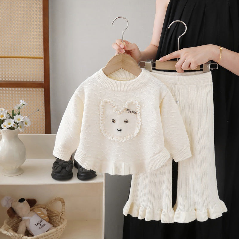 Girls' knit sweater and pants set - new autumn  collection: cute cartoon crewneck two-piece outfit for little girls