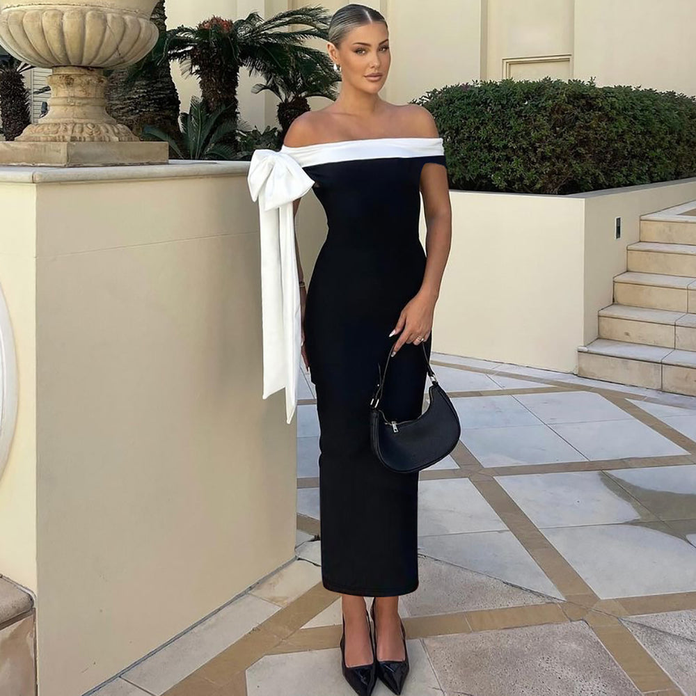 European and american style cross-border women's autumn/winter new fashion elegant one-shoulder ribbon sleeveless bodycon mini dress