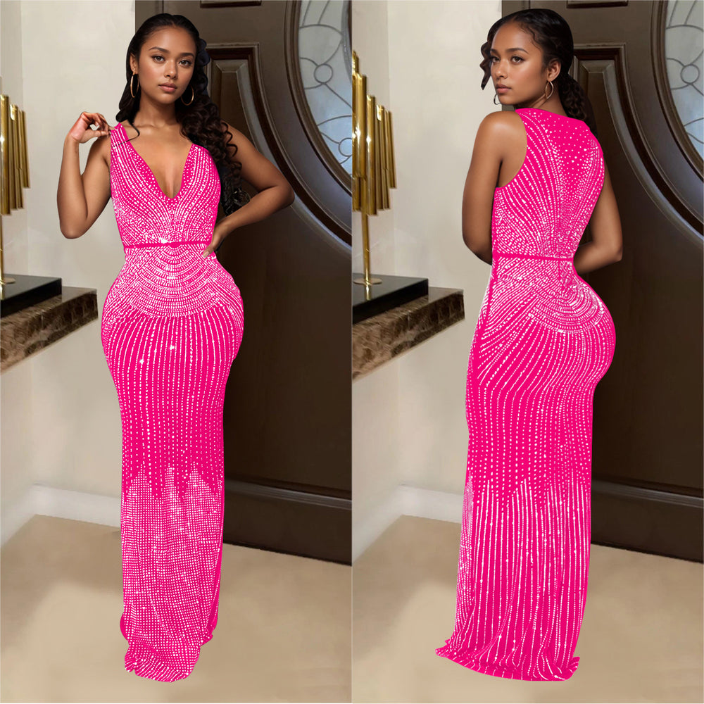 C7072 cross-border   independent station fashionable women's fashion women's hot diamond sleeveless long sleeve dress new
