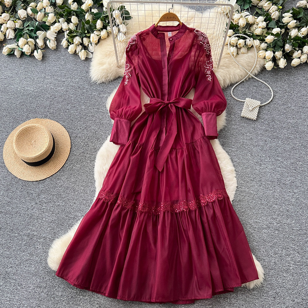 French chic lantern sleeve embroidered dress - spring beaded waist tie a-line maxi dress - elegant & professional