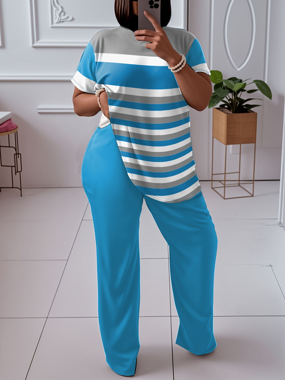 [hot-selling foreign trade model] fashion style large size contrasting stripesd short-sleeved fashion suit with burgundy wide-leg pants