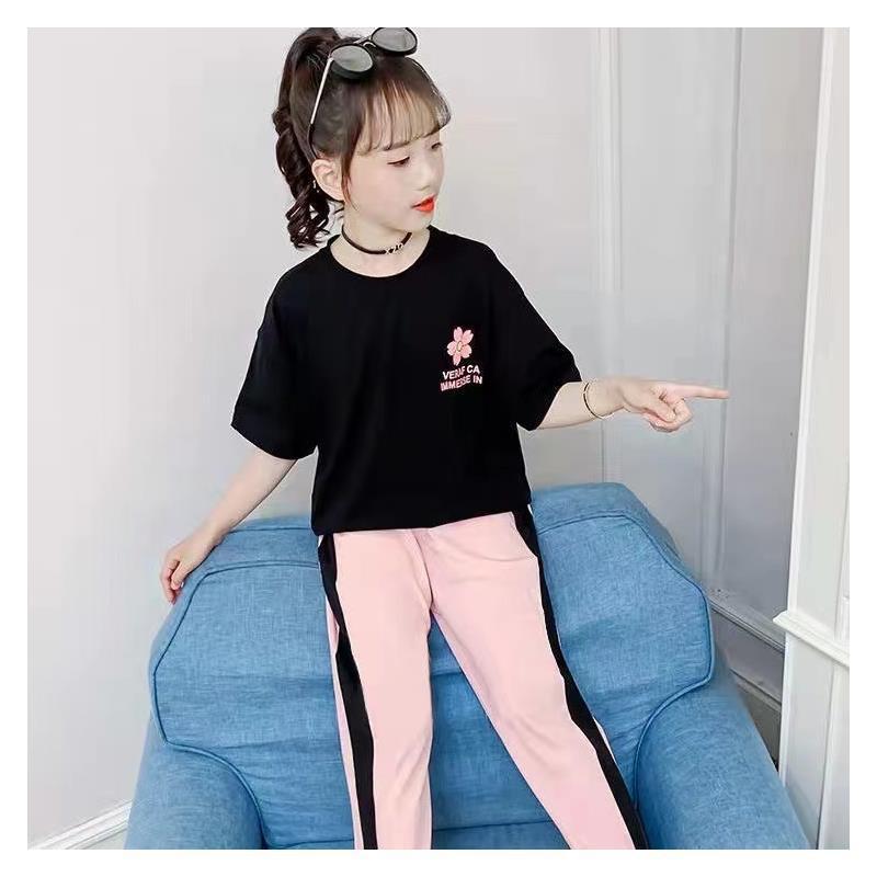 Girls' summer outfit set  new style kids' summer clothes chic short sleeve girls' fashionable sporty summer two-piece set