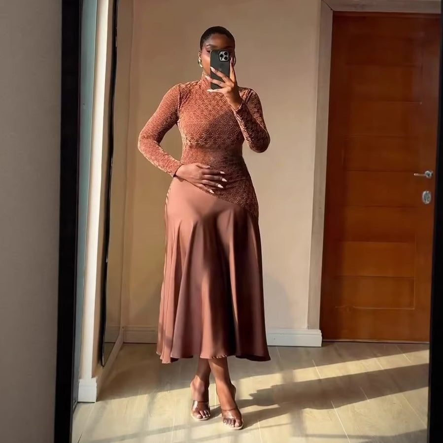 European and american cross-border women's fashion:  spring new arrival - elegant mock neck brown patchwork a-line midi dress