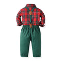 Boys' suit set - new export style, kids' christmas gentleman outfit, long-sleeve plaid shirt, autumn/winter green overalls