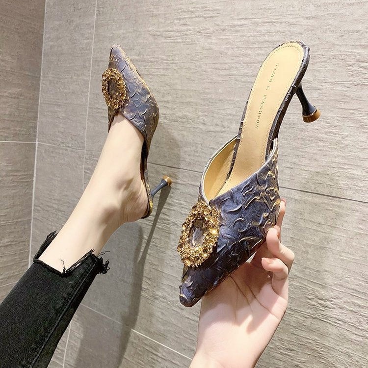 Women's summer outdoor slippers, 2023 new french style rhinestone high heel mules, stiletto heel closed-toe sandals, black