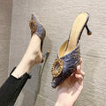 Women's summer outdoor slippers, 2023 new french style rhinestone high heel mules, stiletto heel closed-toe sandals, black