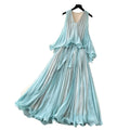 High-end resort style sleeveless halter dress for women, summer korean style, mint green, ruffle trim, pleated, elegant maxi dress