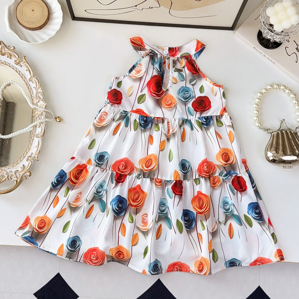 Trendy new girls' sleeveless sundress - summer halter neck floral print kids' dress - korean style bestseller