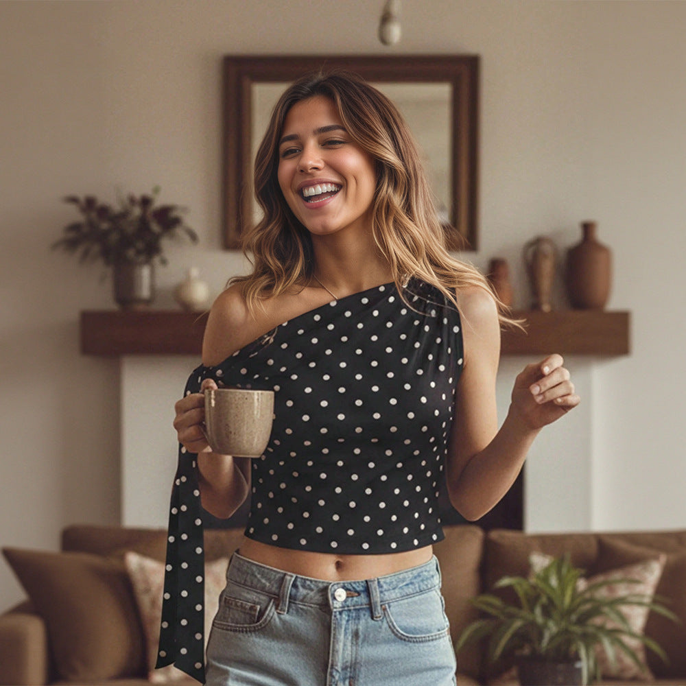 Amazon fashionnew arrival exquisite bows oblique shoulder strap design black and white polka dot one-shoulder shortcrop top