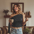 Amazon fashionnew arrival exquisite bows oblique shoulder strap design black and white polka dot one-shoulder shortcrop top