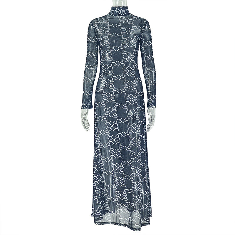 European and american style ins cross-border women's clothing slim fit printing fashion waist a-line skirt home high collar long sleeves breathable dress