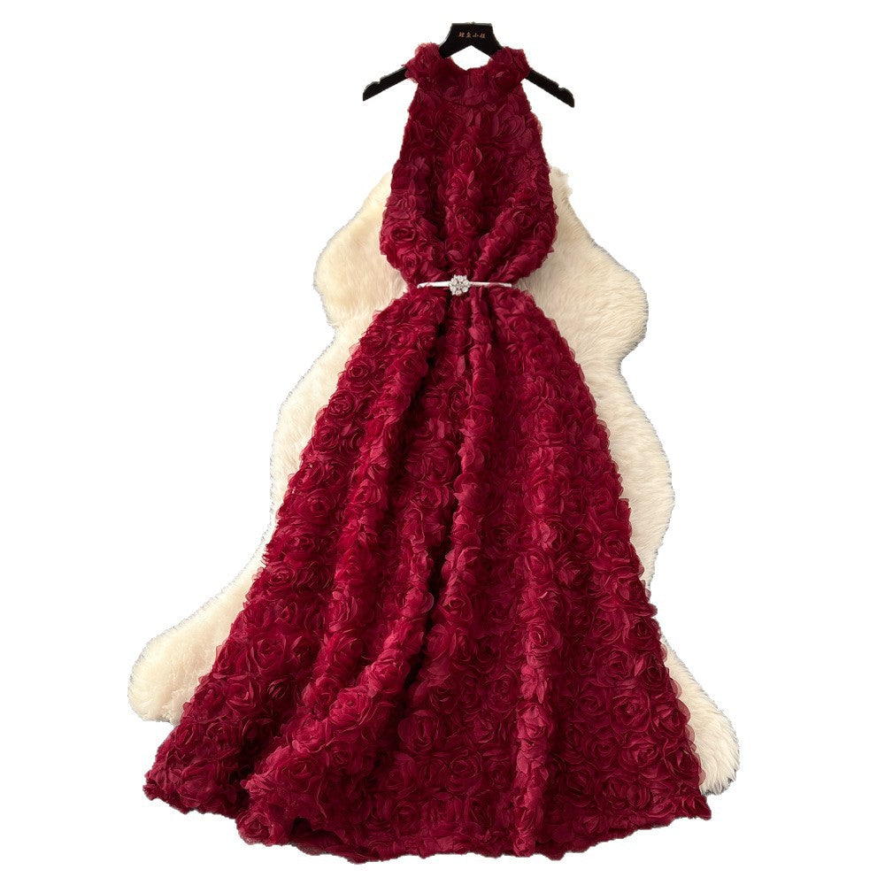 Frenchclassyfashionstereo flower halter sleeveless dress women's strappy waist slimming lookelegant large swing long skirt