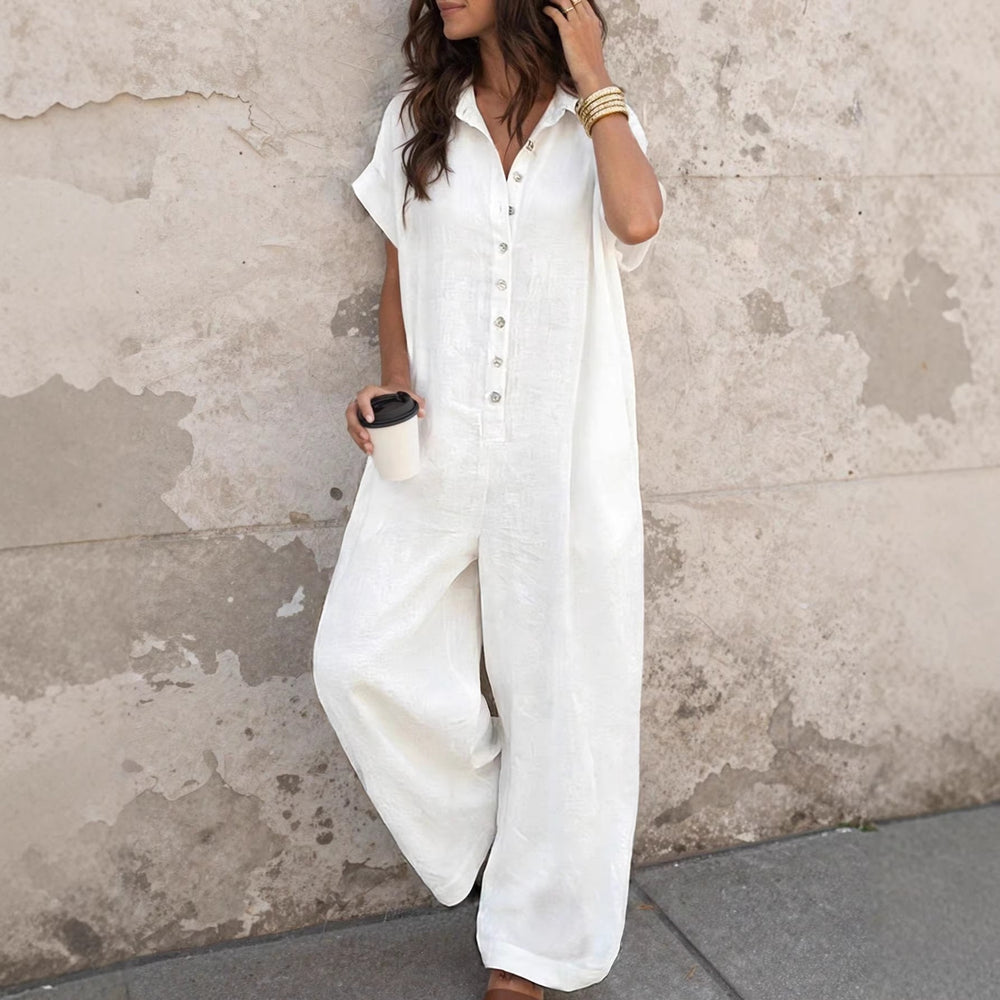Independent station fashion cross-border  summercasualelegantwork clothingpure colorshirt button loose short-sleeved jumpsuit