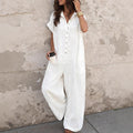 Independent station fashion cross-border  summercasualelegantwork clothingpure colorshirt button loose short-sleeved jumpsuit