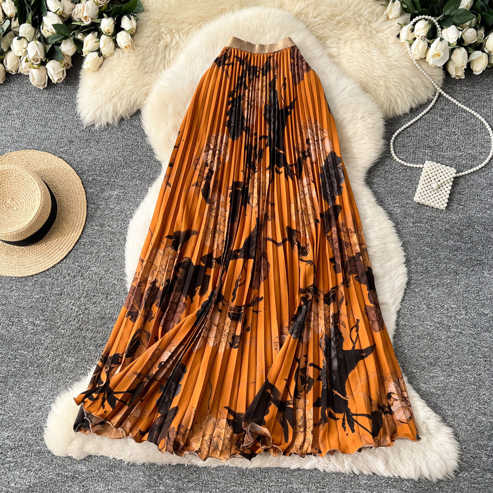 Vintage print pleated elastic waist fashion skirt - women's high-waisted a-line skirt - commute-friendly, flowy maxi skirt for summer