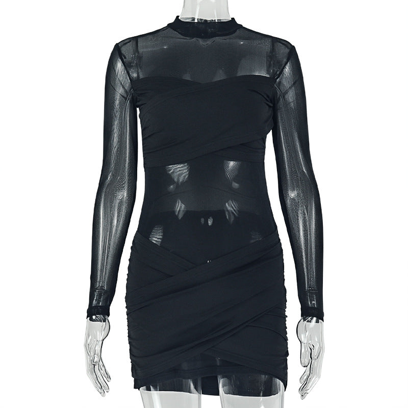 Fashionexportsexy micro-transparent women's pure color chest-wrapped pleated hip skirt new arrival mesh high collar long sleevesdress