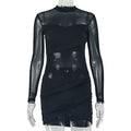Fashionexportsexy micro-transparent women's pure color chest-wrapped pleated hip skirt new arrival mesh high collar long sleevesdress