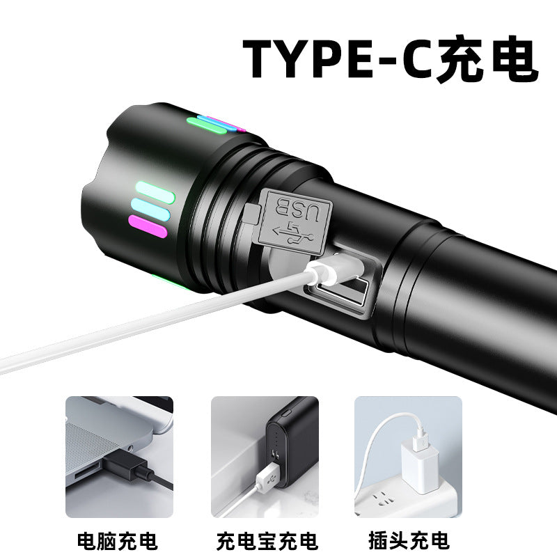 Cross-border new white laser flashlight retractable zoom Type-c charging high power power display digital screen outdoor