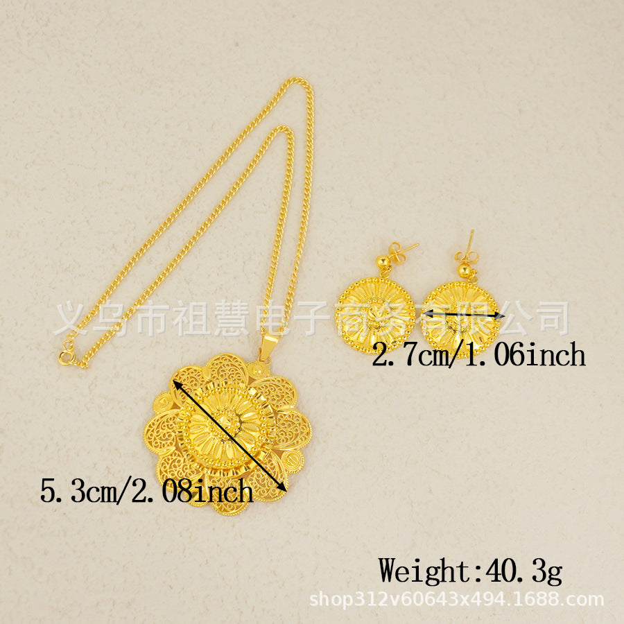 Two-piece set: new middle eastern dubai ethiopian women's pendant necklace and earrings, african sunflower style