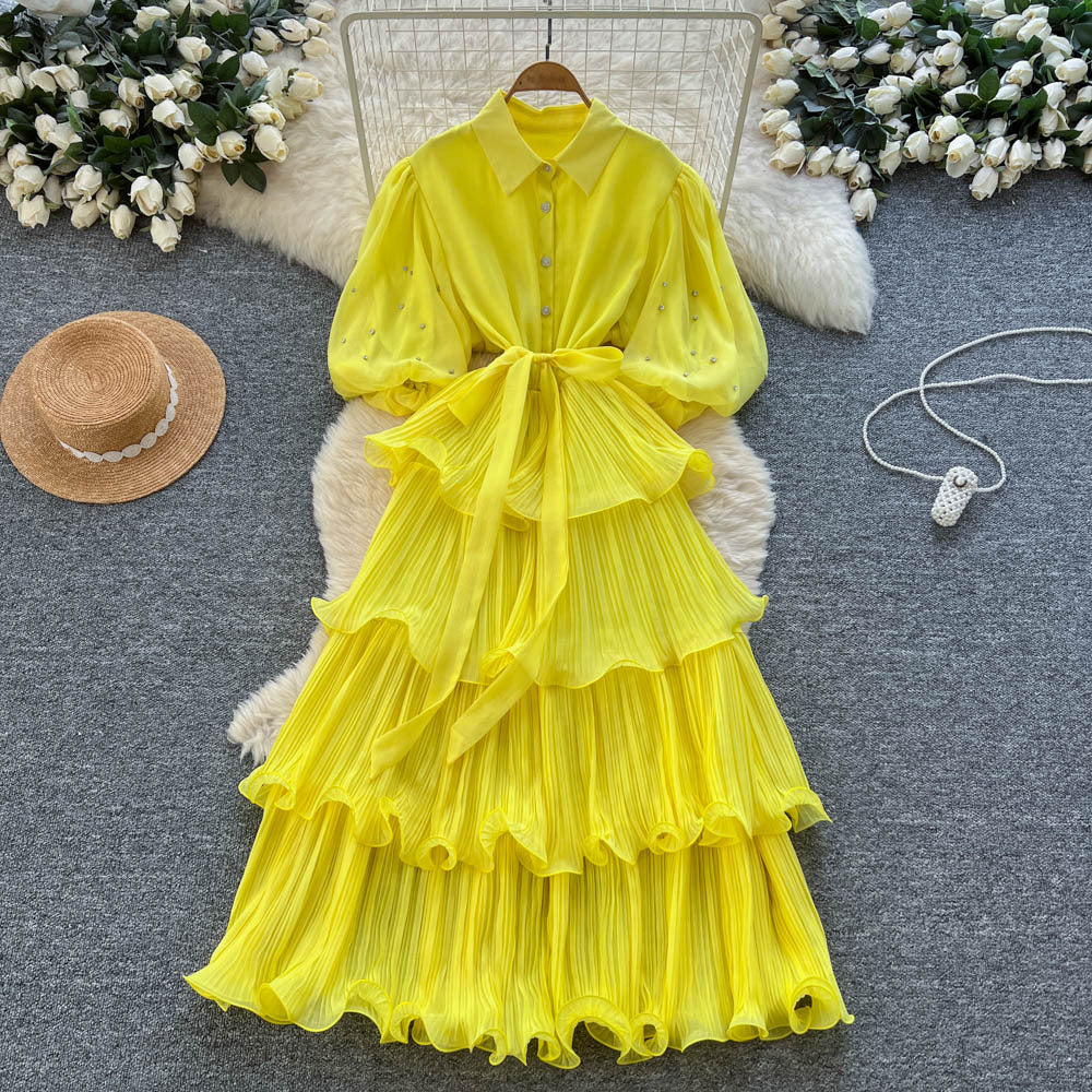 French retro court style, heavily embellished rhinestone lantern sleeve, tie-waist, slimming, elegant ruffle hem pleated dress