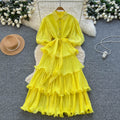 French retro court style, heavily embellished rhinestone lantern sleeve, tie-waist, slimming, elegant ruffle hem pleated dress