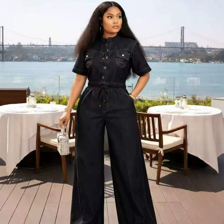 European and american new arrival cross-border   casual button-down two-piece set: short-sleeve top & wide-leg jeans denim outfit for women