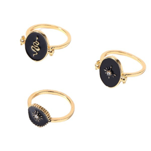 French retro minimalist jewelry round disc diamond starburst sun layered ring set snake electroplated women's rings