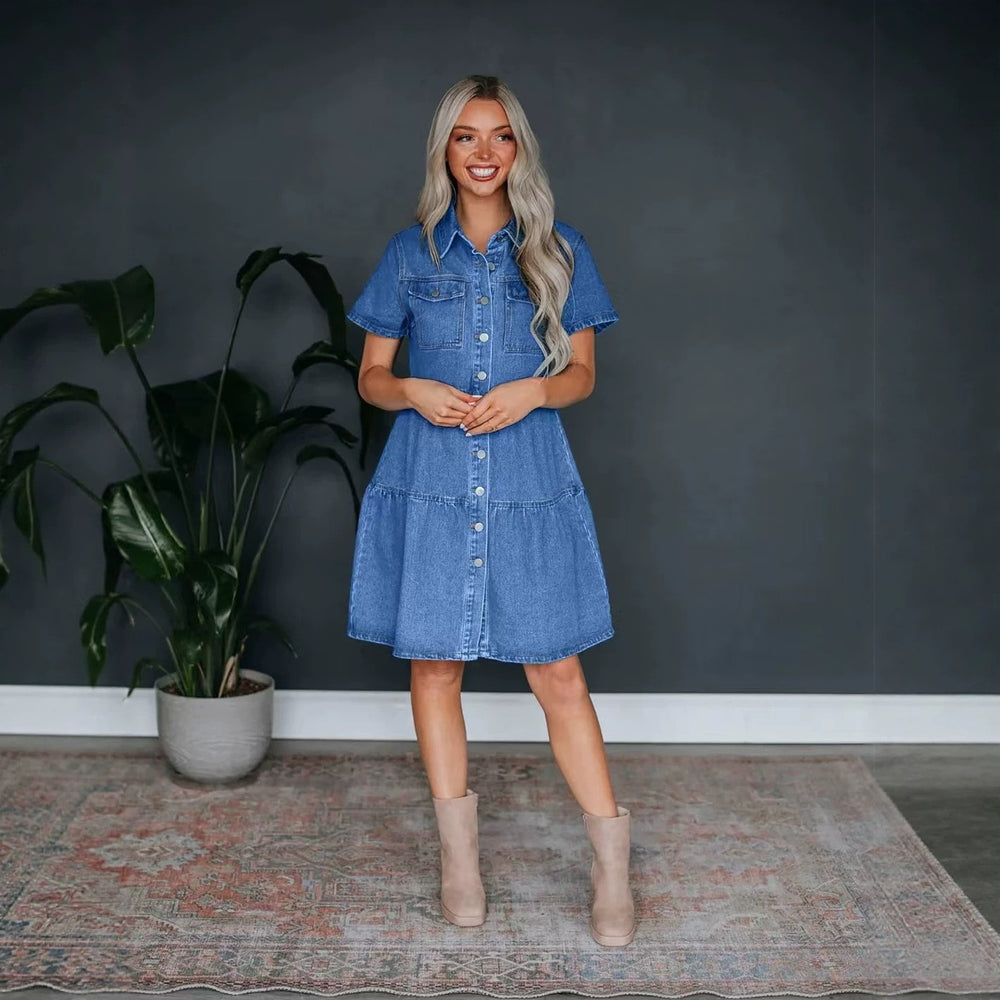 Amazon fashion independent station   fashion short sleeve multi button multi flap pocket pants skirt denim dress