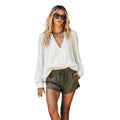 Shipped: new european and american style women's v-neck ruffle trim solid color long sleeve versatile blouse