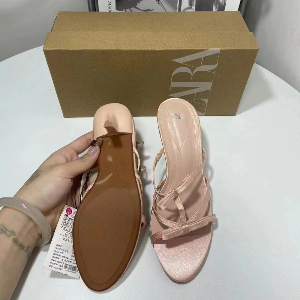 Za new 2024 round toe slingback high heel sandals - silk satin texture, bow accent, stiletto heel, open toe fashion heels