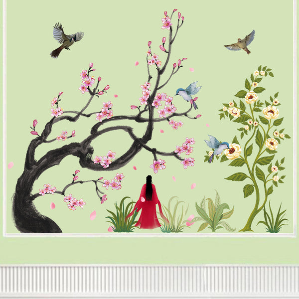 New creative Chinese wind flower and bird picture wall sticker living room sofa study office background wall decorative wall sticker