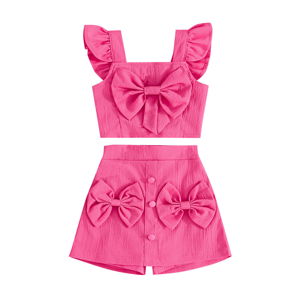 european and american cross-border ins hot-selling fashion flutter sleeve top with bow + bowknot skirt set