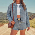 European and american cross-border e-commerce  new arrival: turn-down collar long sleeve metal button rivet washed denim long sleeve jacket for women