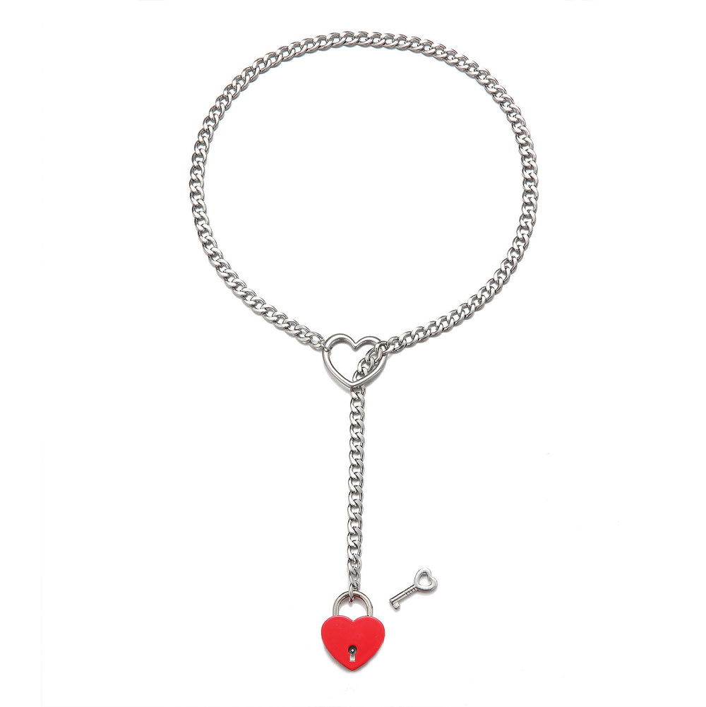 Titanium steel necklace for women, stainless steel clavicle chain with heart-shaped 18k gold plated heart and key charm, hypoallergenic